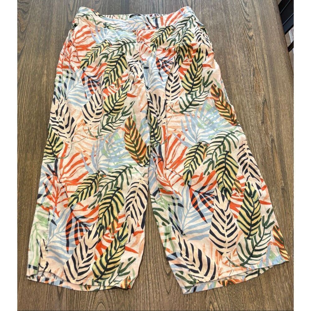 Tahari Womens Linen Pants Wide Leg Tropical Leaf Print Multicolor Plus Size 1X